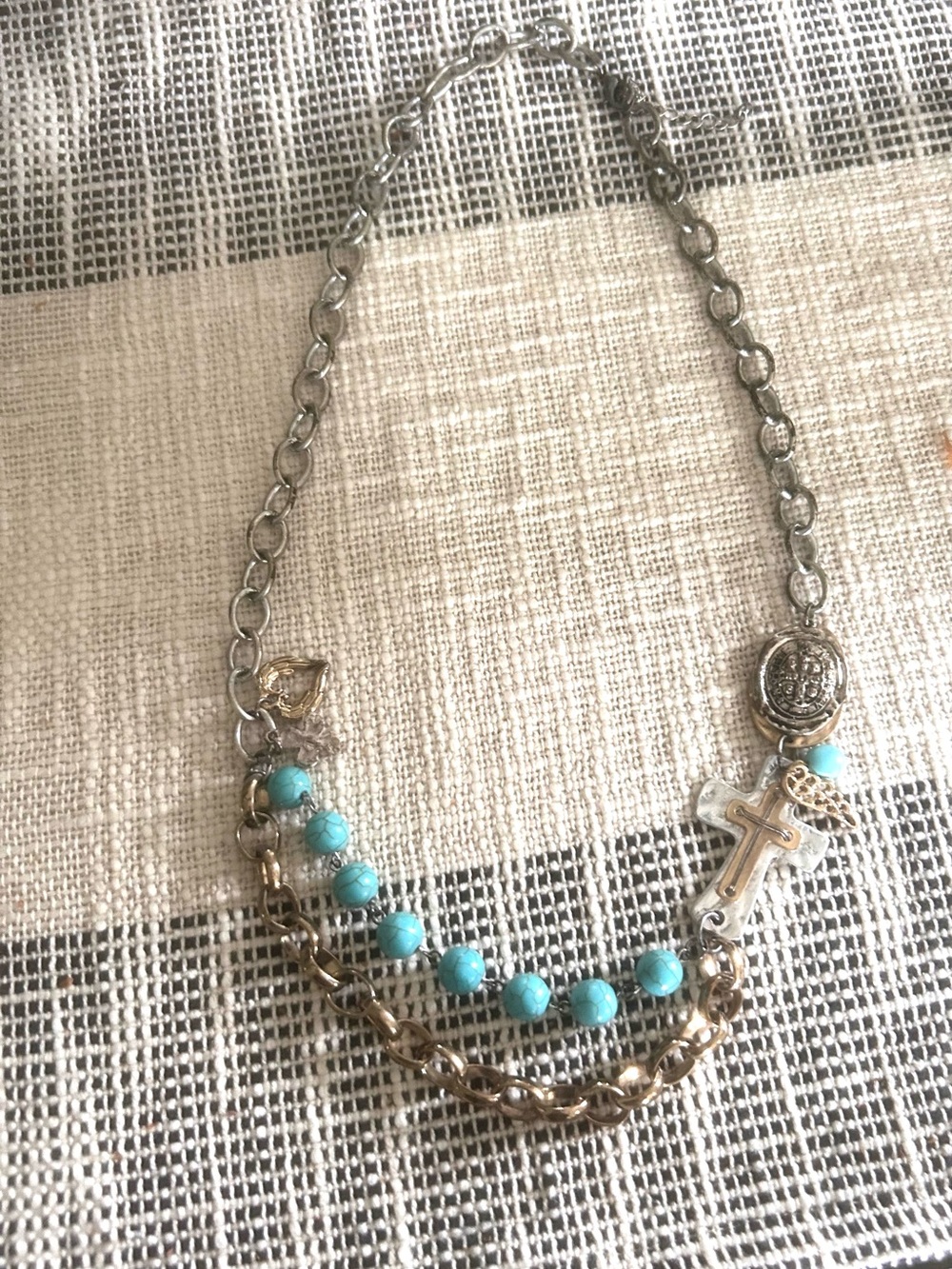 Turquoise Beaded Cross Layered Necklace with a cross- Women Jewelry